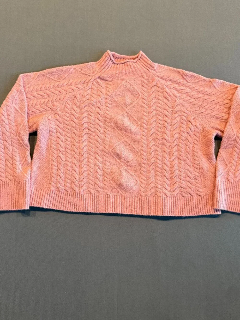 J.Crew Merino Wool Alpaca Cable Knit Mock Neck Sweater Coral Pink L